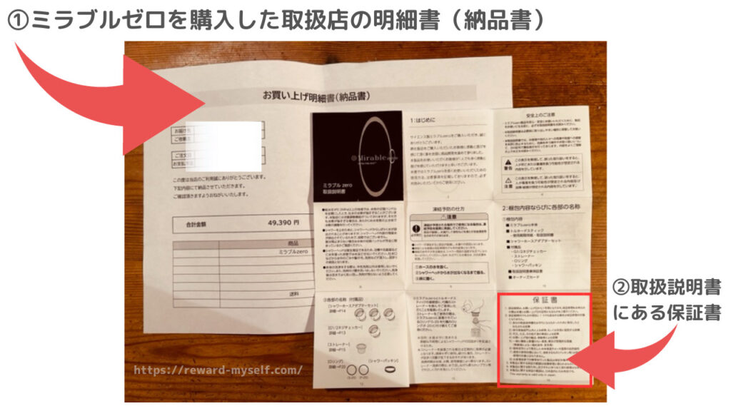 ミラブルゼロを購入した取扱店の明細書（納品書）と取扱説明書にある保証書