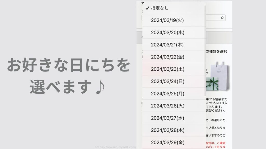 ミラブル正規取扱店 ミルキーウェイ 購入画面 お届け日の選択