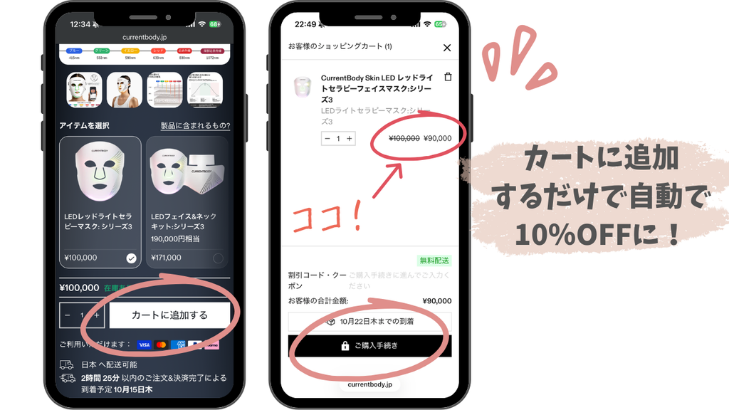 カレントボディLEDマスクを公式サイトで安く買う方法として、カートに入れると「自動で10%OFFに!」なる事実を証明するスクリーンショットです。